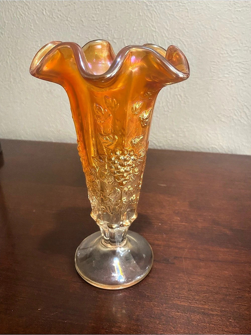 Vintage, Imperial Glass,  Grape Marigold Carnival Glass Swung Vase